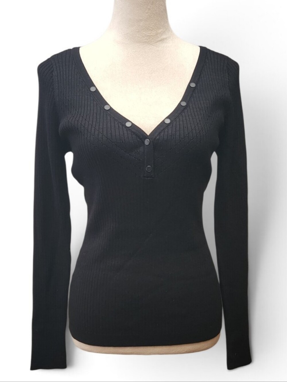 WHBM White House Black Market Rib 1/2 Snap Up V-Neck Long Sleeve Fitted Sz M NWT